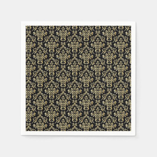 美しい黒と金ゴールドのダマスクパターン スタンダードカクテルナプキン (正面)