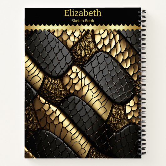美しい黒と金ゴールドのヘビの肌 ノートブック (裏面)