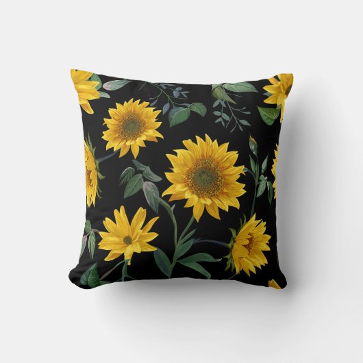 美しい黒と黄色のひまわりフローラ クッション (正面)