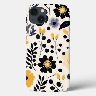 美しい黒と黄色の花アートパターン iPhone 13ケース