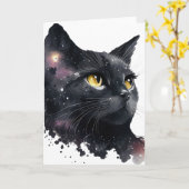 美しい黒の宇宙水彩猫 カード (黄色い花)