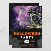 美しい黒フクロウ魔女ハットブラックハロウィン 招待状 (正面/裏面)