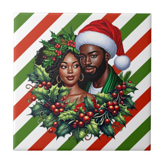 美しい黒人のカップル ホリークリスマスリースアート タイル (正面)