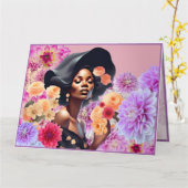 美しい黒人女性 ピンクの花 蝶 カード (黄色い花)