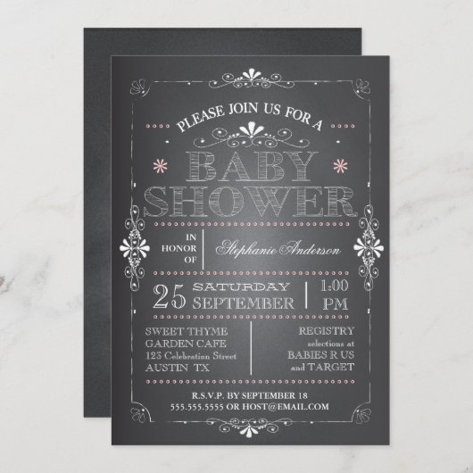 美しい黒板の女の赤ちゃんのシャワーの招待状 招待状 (正面/裏面)