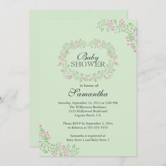 美しい黒板フローラフレームベビーシャワー 招待状 (正面/裏面)