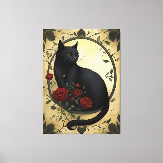 美しい黒猫と赤いバラ キャンバスプリント (正面)