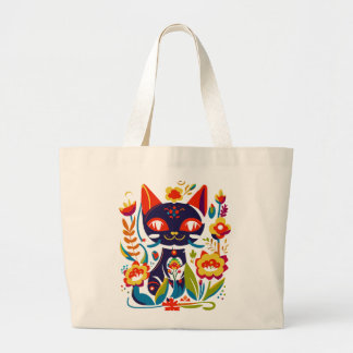美しい黒猫のフォークアートの花のイラスト ラージトートバッグ