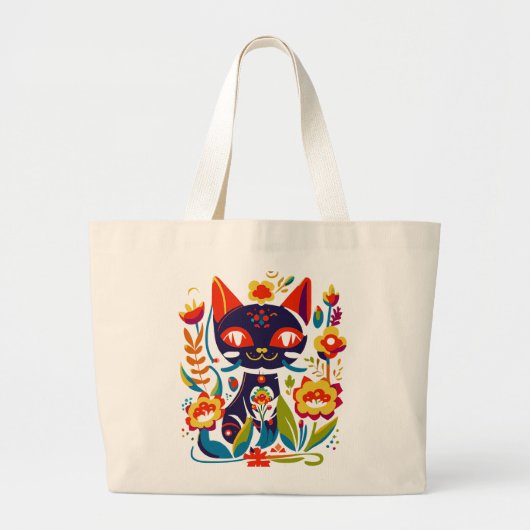 美しい黒猫のフォークアートの花のイラスト ラージトートバッグ (正面)
