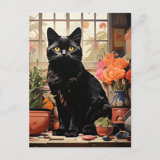 . .美しい黒猫の観葉植物 ポストカード (正面)