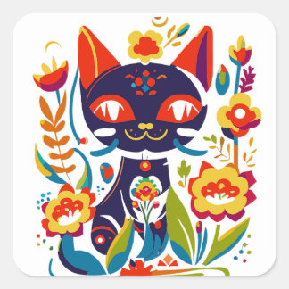 美しい黒猫フォークアートの花柄イラスト スクエアシール