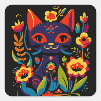 美しい黒猫フォークアートの花柄イラスト スクエアシール