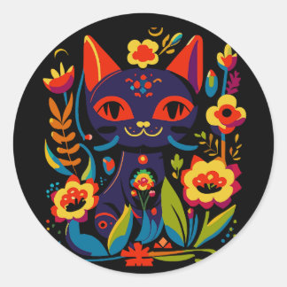 美しい黒猫フォークアートの花柄イラスト ラウンドシール