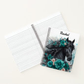 美しい黒馬とティール（緑がかった色）の花 ノートブック (内部)