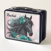 美しい黒馬とティール（緑がかった色）の花 メタルランチボックス (裏面)
