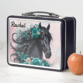 美しい黒馬とティール（緑がかった色）の花 メタルランチボックス (インサイチュ)