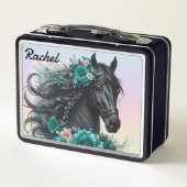 美しい黒馬とティール(緑がかった色)の花 メタルランチボックス (裏面)