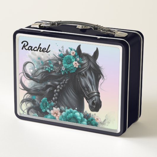 美しい黒馬とティール（緑がかった色）の花 メタルランチボックス (裏面)