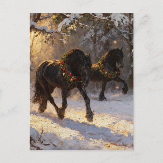 美しい黒馬の冬の森のクリスマス ポストカード (正面)