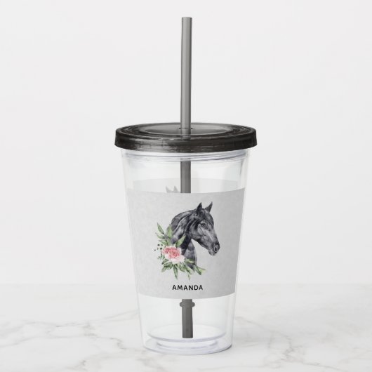 美しい黒馬の頭のポートレート水色 アクリルタンブラー (正面)