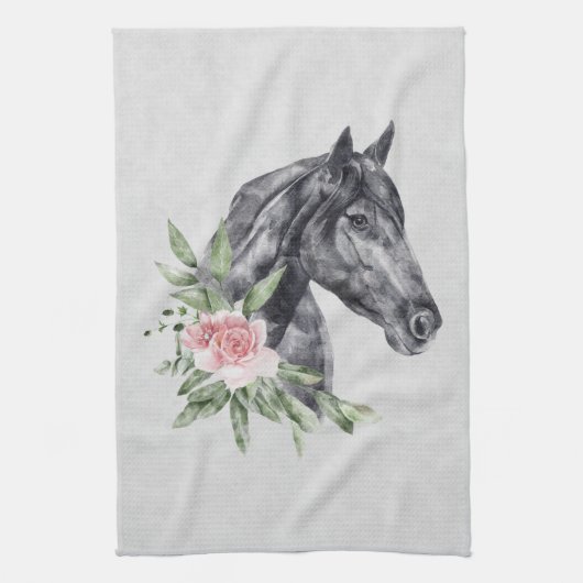 美しい黒馬の頭のポートレート水色 キッチンタオル (縦)