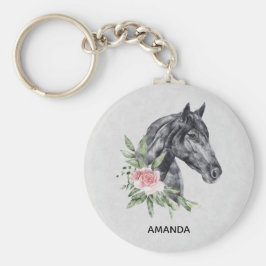 美しい黒馬の頭のポートレート水色 キーホルダー