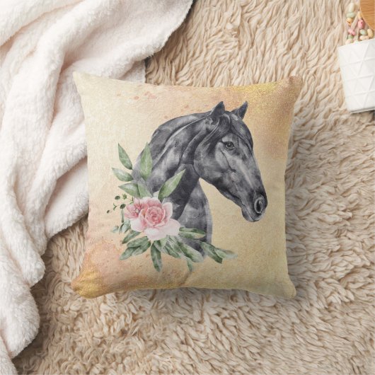 美しい黒馬の頭のポートレート水色 クッション (ブランケット)