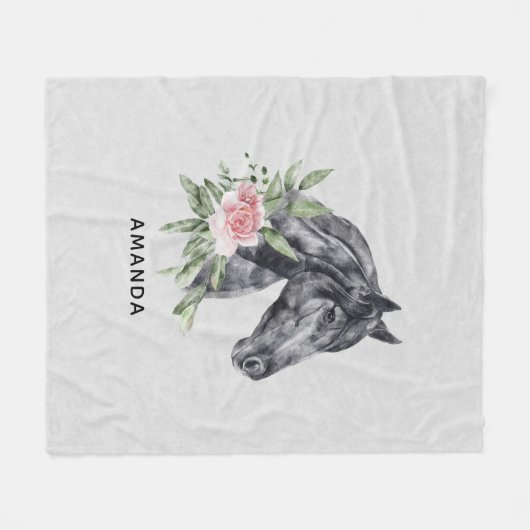 美しい黒馬の頭のポートレート水色 フリースブランケット (正面(横))