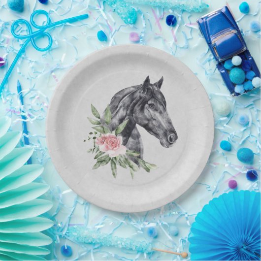 美しい黒馬の頭のポートレート水色 ペーパープレート (パーティー)