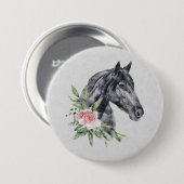 美しい黒馬の頭のポートレート水色 缶バッジ (正面&裏面)