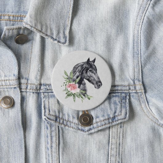 美しい黒馬の頭のポートレート水色 缶バッジ (インサイチュ)