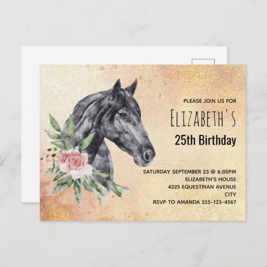 美しい黒馬の頭の水のカラー誕生日 インビテーションポストカード (正面/裏面)
