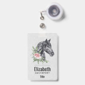 美しい黒馬の頭部肖像 水彩画 バッジ (正面（伸縮クリップ）)