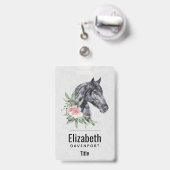 美しい黒馬の頭部肖像 水彩画 バッジ (裏面（伸縮クリップ）)