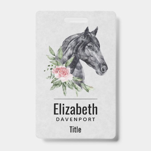 美しい黒馬の頭部肖像 水彩画 バッジ (正面)