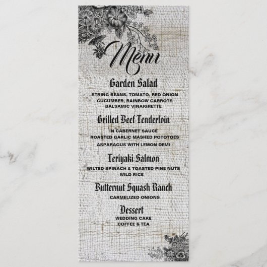 美しい黒/灰色の花結婚のメニューカード メニュー (正面)