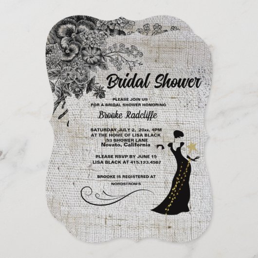 美しい黒/灰色の芸術的花 招待状 (正面/裏面)