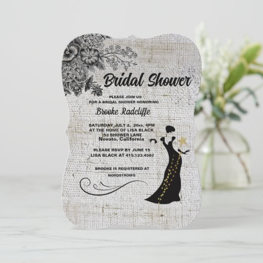 美しい黒/灰色の芸術的花 招待状 (スタンド正面)