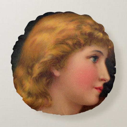 美しい19世紀の女性プリント ラウンドクッション (正面)