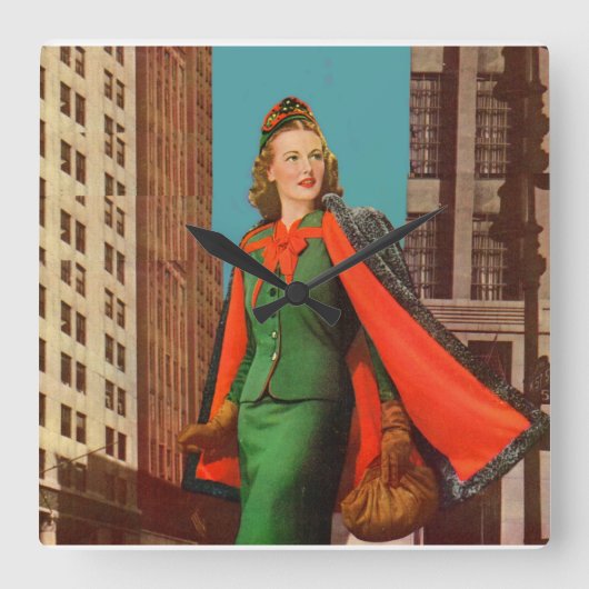 美しい1940年代のアップタウンガール スクエア壁時計 (正面)