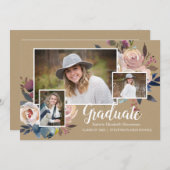 美しい3つの写真の花のタイポグラフィー卒業パーティー 招待状 (正面/裏面)