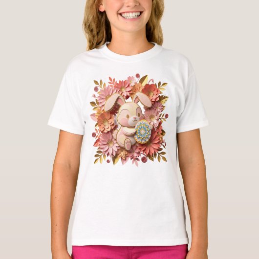 美しい3Dペーパーカットのイースターバニーと花のリース Tシャツ (正面)