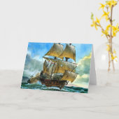 美しい4本マストの船のプリント カード (黄色い花)