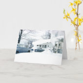 美しい50年代雪で覆われた家および車 カード (黄色い花)