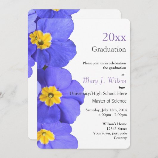 美しい、エレガントな青い庭の花の卒業 招待状 (正面/裏面)