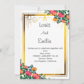 美しい エレガントな ゴールドの 花柄 招待状 (正面)