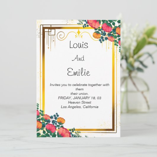 美しい エレガントな ゴールドの 花柄 招待状 (スタンド正面)