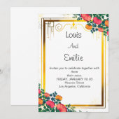 美しい エレガントな ゴールドの 花柄 招待状 (正面/裏面)