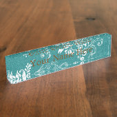 美しい、エレガントクラシックティール（緑がかった色）と白 デスクネームプレート (側面)