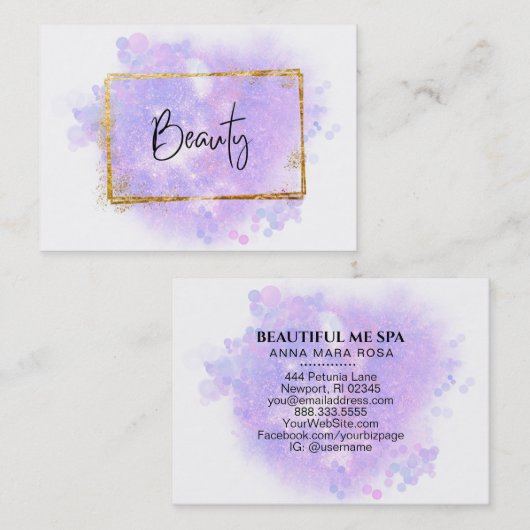 *~*美しい-グリッター金ゴールドフレームラベンダーグロー 名刺 (正面/裏面)